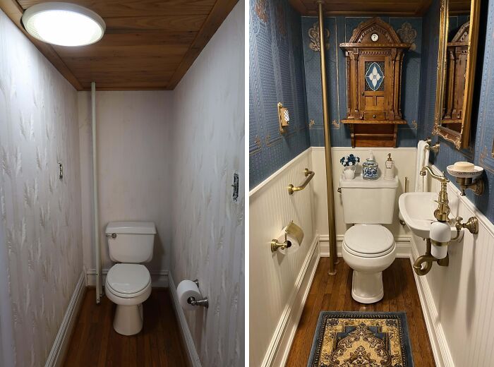 Side-by-side comparison of old houses' bathroom before and after showcasing craftsmanship and timeless design details.