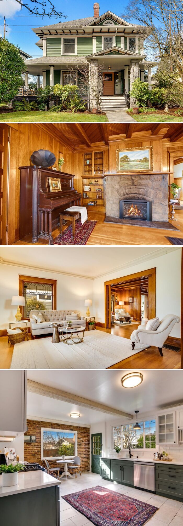 Beautiful old houses showcasing craftsmanship with vintage wooden interiors, stone fireplace, classic furnishings, and modern kitchen touches.