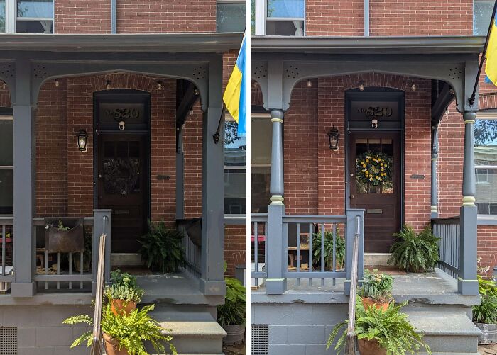 Two views of a beautiful old brick house entrance showcasing craftsmanship and architectural details that stand the test of time.