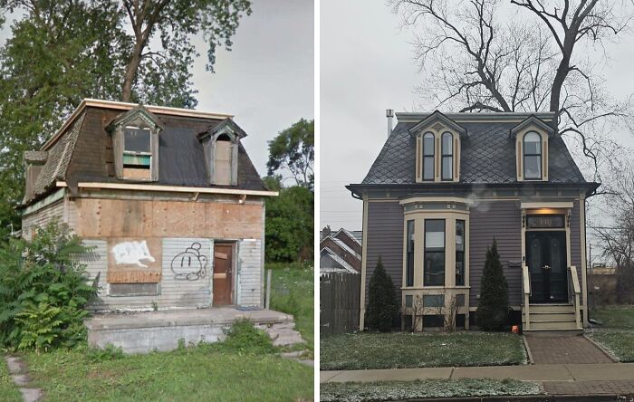 Side-by-side comparison of a beautiful old house before and after restoration showing craftsmanship standing the test of time