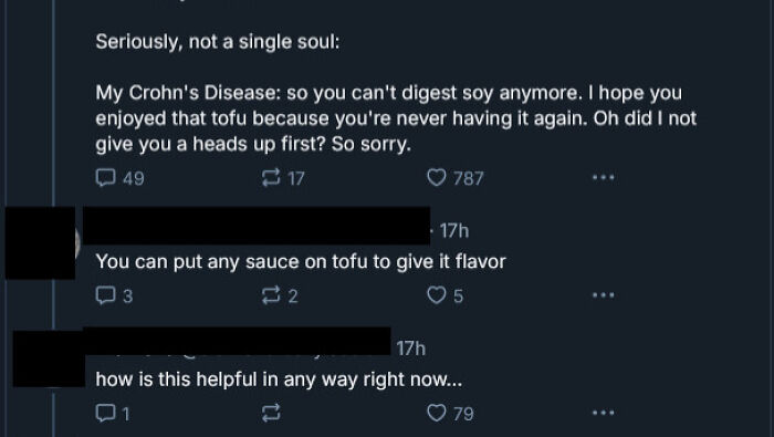 Online group roasting confidently incorrect individuals debating Crohn's disease and tofu digestion in social media comments.