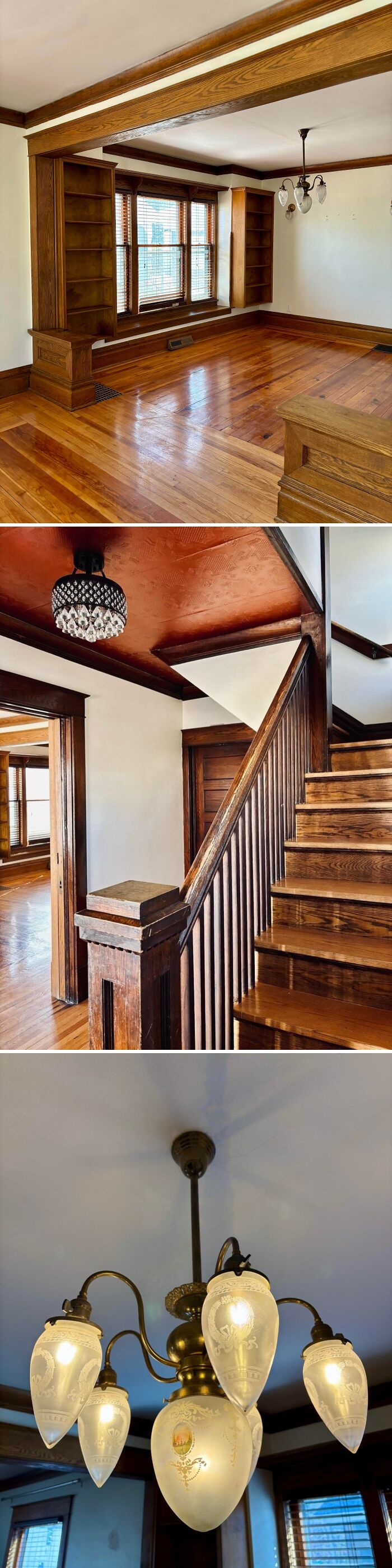 Interior views of beautiful old houses featuring detailed wood craftsmanship, hardwood floors, vintage lighting, and staircases.