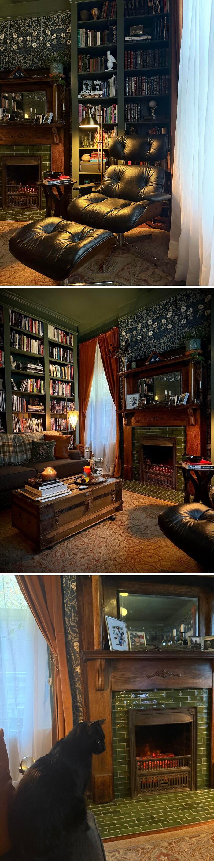 Cozy living room in a beautiful old house featuring vintage fireplace, leather chair, bookshelves, and classic craftsmanship details.