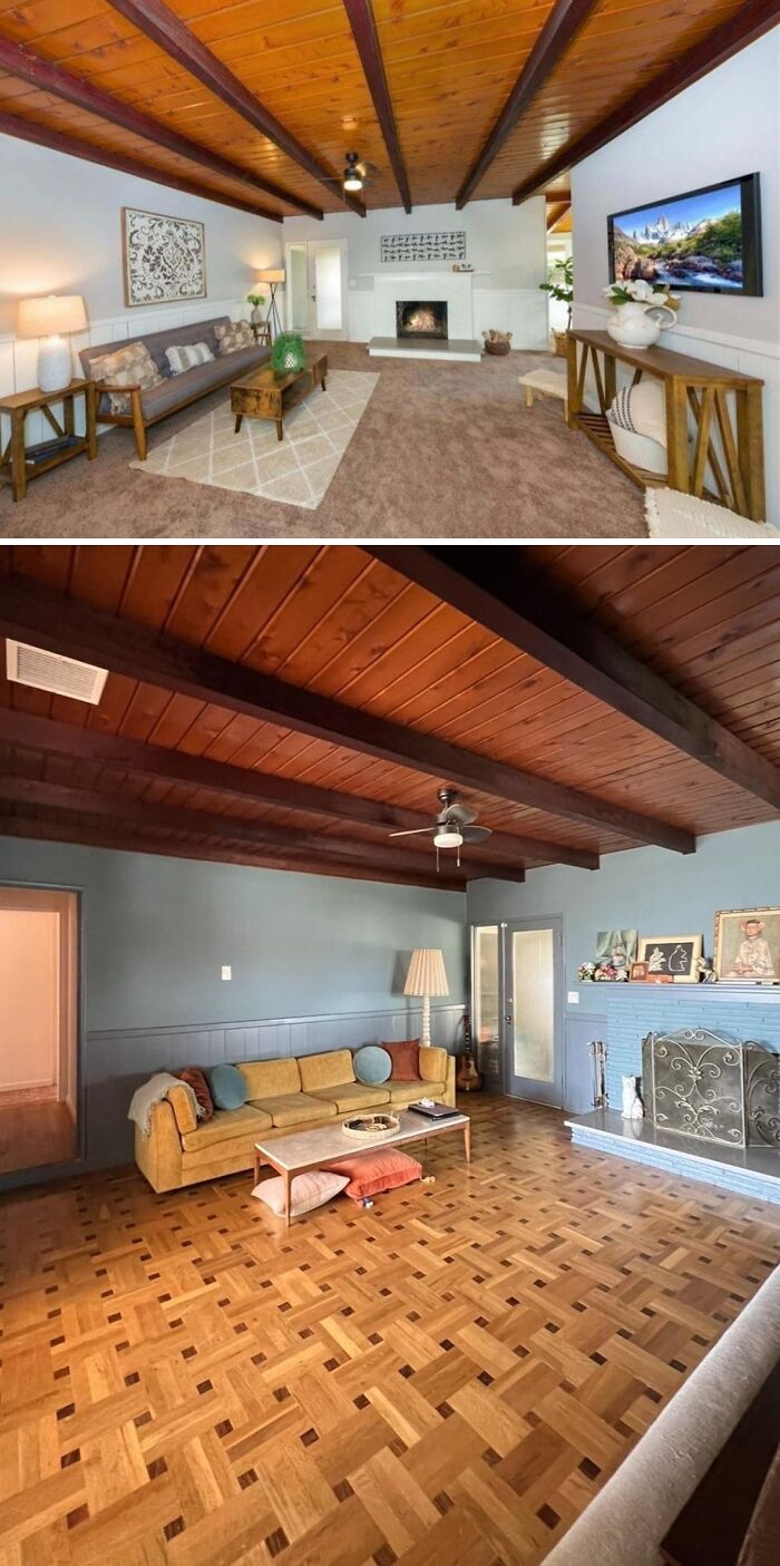 Two living rooms in beautiful old houses showcasing craftsmanship with wooden ceilings, fireplaces, and vintage furniture designs.