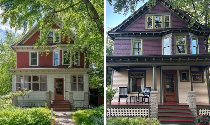 Two beautiful old houses showcasing classic craftsmanship surrounded by trees and greenery on sunny days.