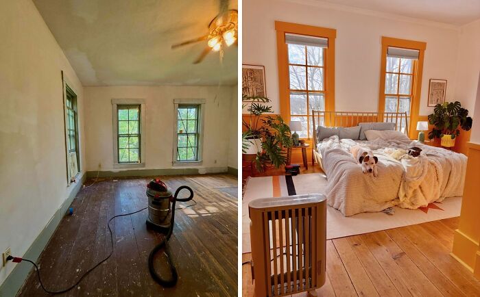 Side-by-side photos showing restoration inside beautiful old houses with wood floors and vintage window frames.