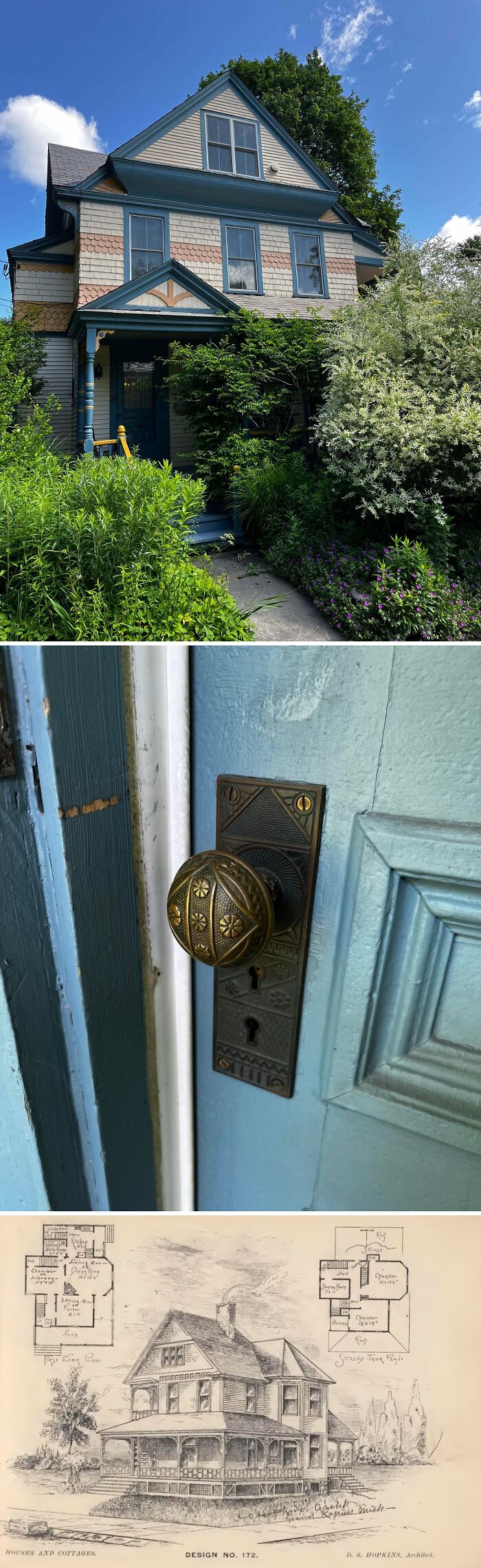 Three images showing a beautiful old house exterior, a vintage decorative door k**b, and architectural house design plans.