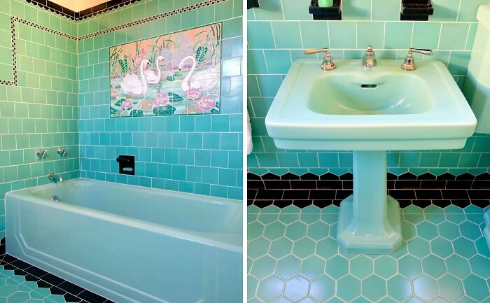 Vintage turquoise bathroom with old houses craftsmanship featuring a bathtub, pedestal sink, and decorative swan tiles.