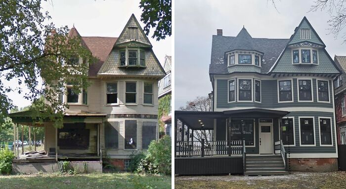 Side-by-side images of a beautiful old house before and after restoration, showcasing timeless craftsmanship.