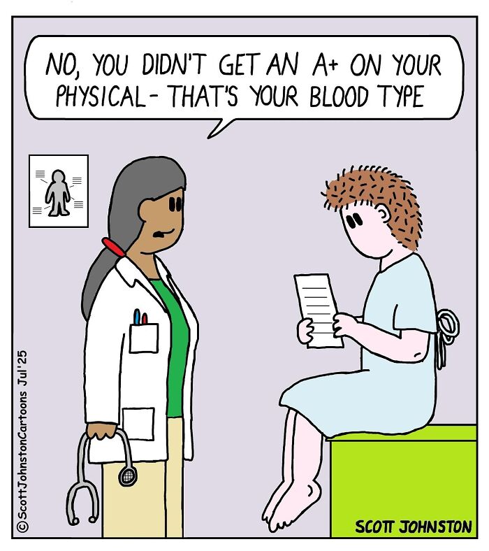 Doctor clarifying to patient that the A+ grade is a blood type, not a physical exam score in a funny cartoon.