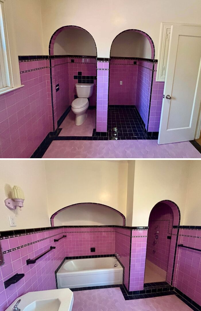 Vintage bathroom in a beautiful old house featuring purple tilework that showcases craftsmanship and timeless design.