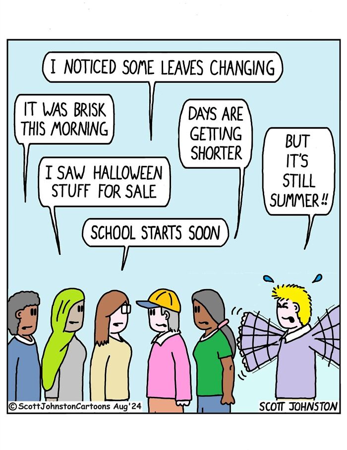 Group of people in a funny cartoon discussing changing seasons with humor to brighten your day.