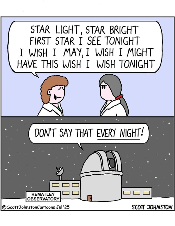 Funny cartoon showing two people and an observatory with a humorous twist on the star light wish, brightening your day.