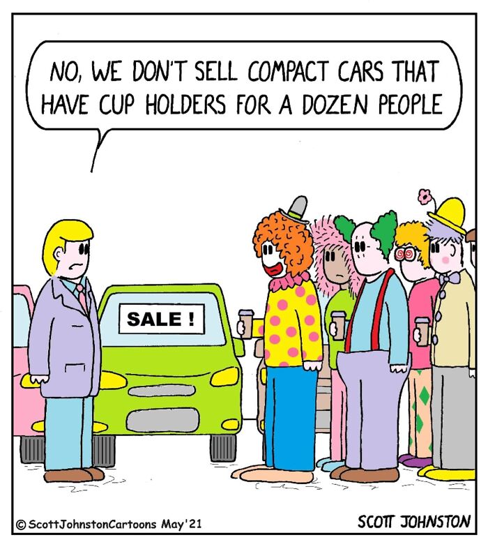 Funny cartoon of clowns standing in line at a car sale, joking about compact cars with many cup holders.