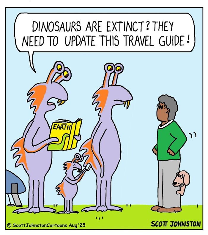 Aliens reading an Earth travel guide joke about dinosaurs being extinct in a funny cartoon style.