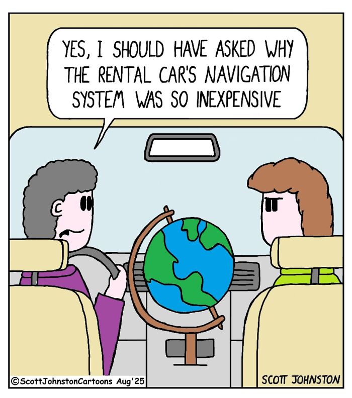 Cartoon of two people in a car with a globe as a navigation system, showing a funny cartoon about directions.