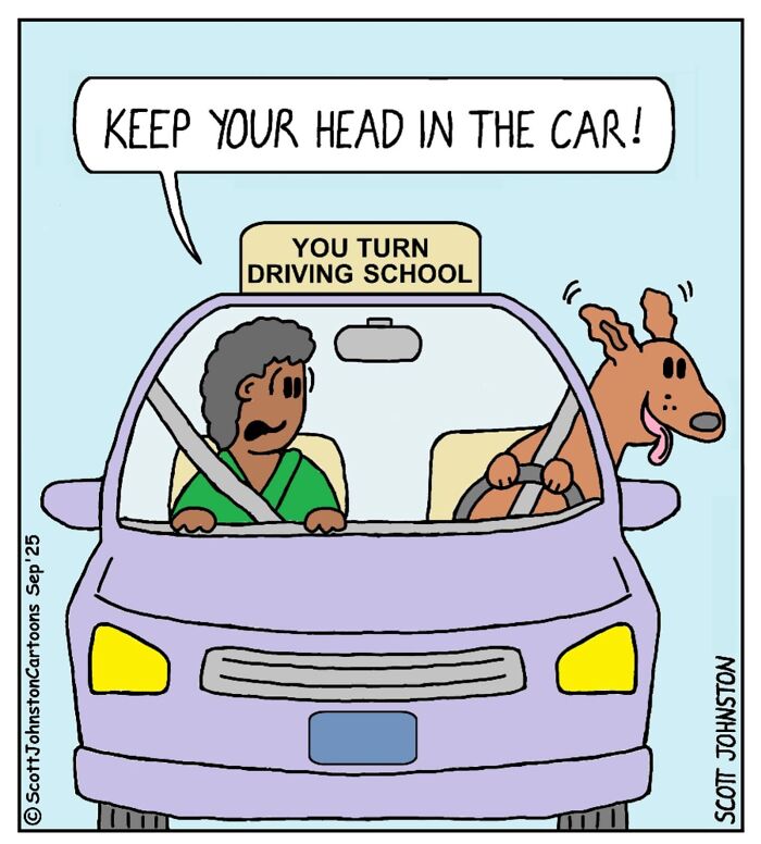 Dog driving a car with a worried passenger in a funny cartoon from a driving school scene.