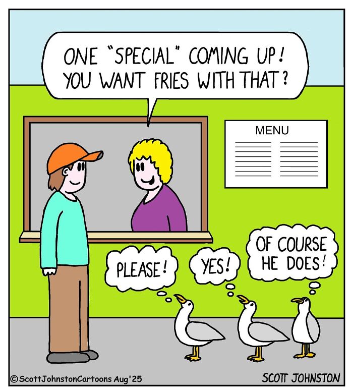 Funny cartoon showing seagulls eagerly agreeing to fries at a food window, capturing lighthearted humor and smiles.