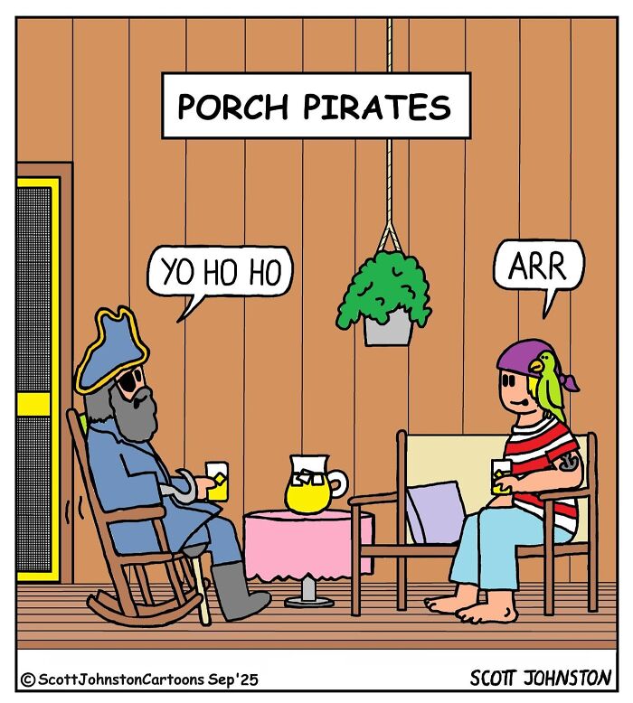 Two adults dressed as pirates sitting on a porch with drinks under a porch pirates sign in a funny cartoon.