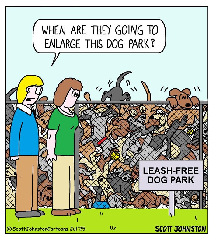 Two people standing outside a crowded leash-free dog park in a funny cartoon illustration.