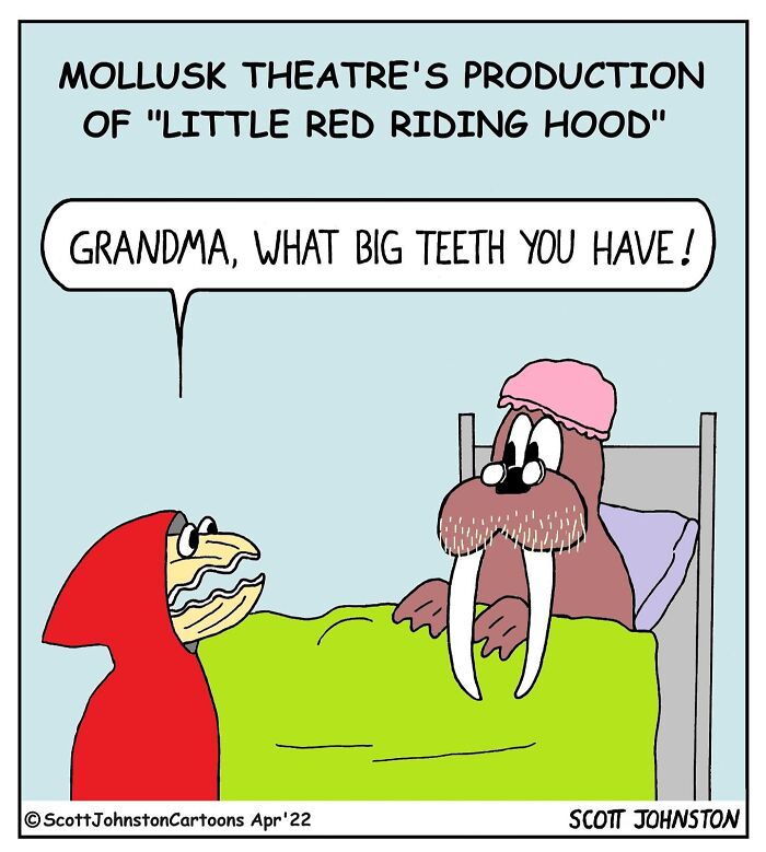 Funny cartoon of Little Red Riding Hood play with a walrus grandma, featuring bright colors and humorous dialogue.
