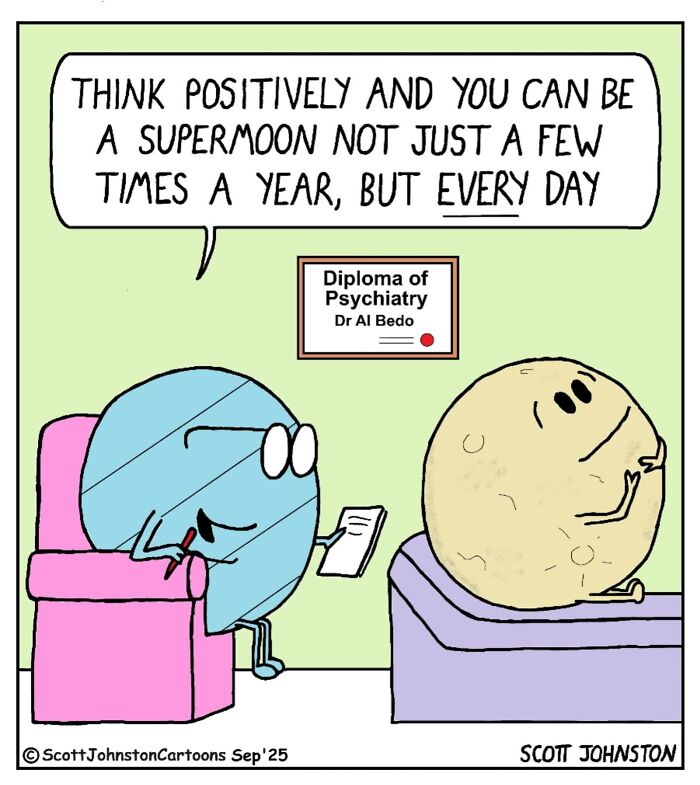 Cartoon of a psychiatrist moon advising a moon patient to think positively in a funny cartoon style.