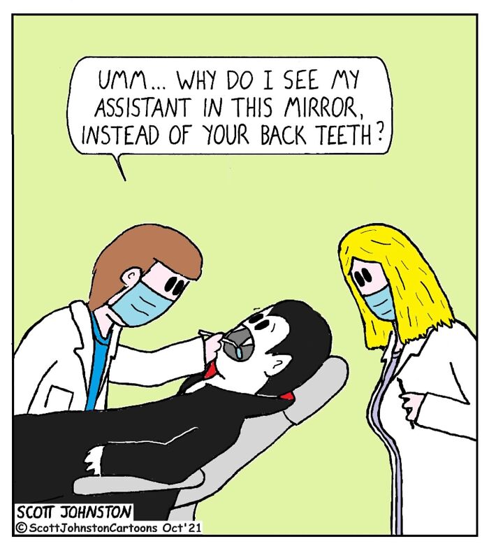Funny cartoon of a dentist and assistant examining a vampire patient in a dental chair wearing face masks.