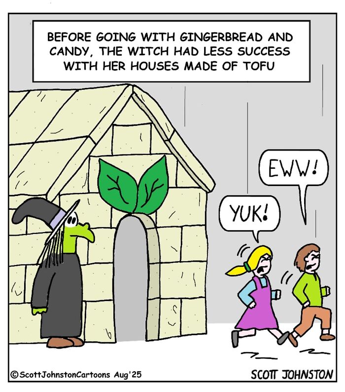 Funny cartoon showing a witch with a tofu house rejected by children saying eww and yuk in a humorous scene.