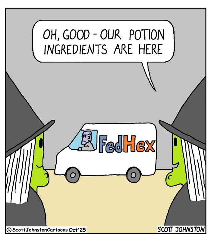 Funny cartoon showing two witches receiving potion ingredients from a delivery van labeled FedHex in a humorous scene.