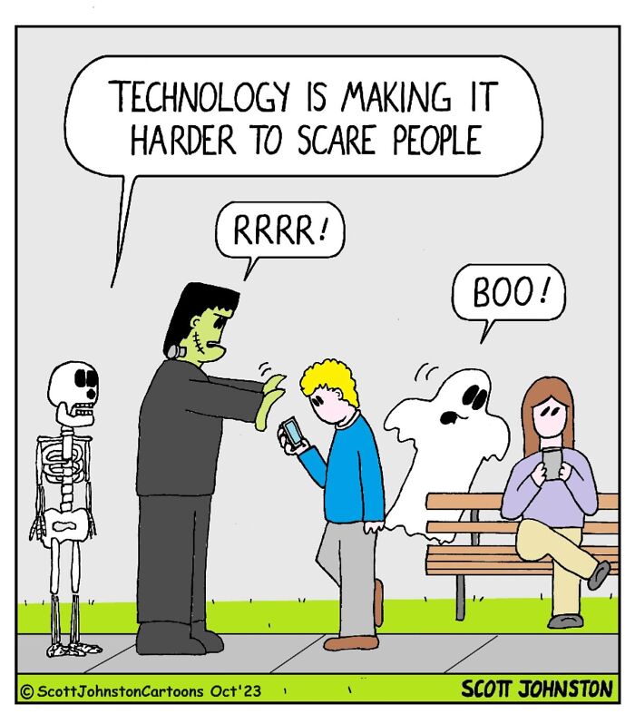 Funny cartoon showing classic monsters trying to scare people distracted by smartphones on a sidewalk.