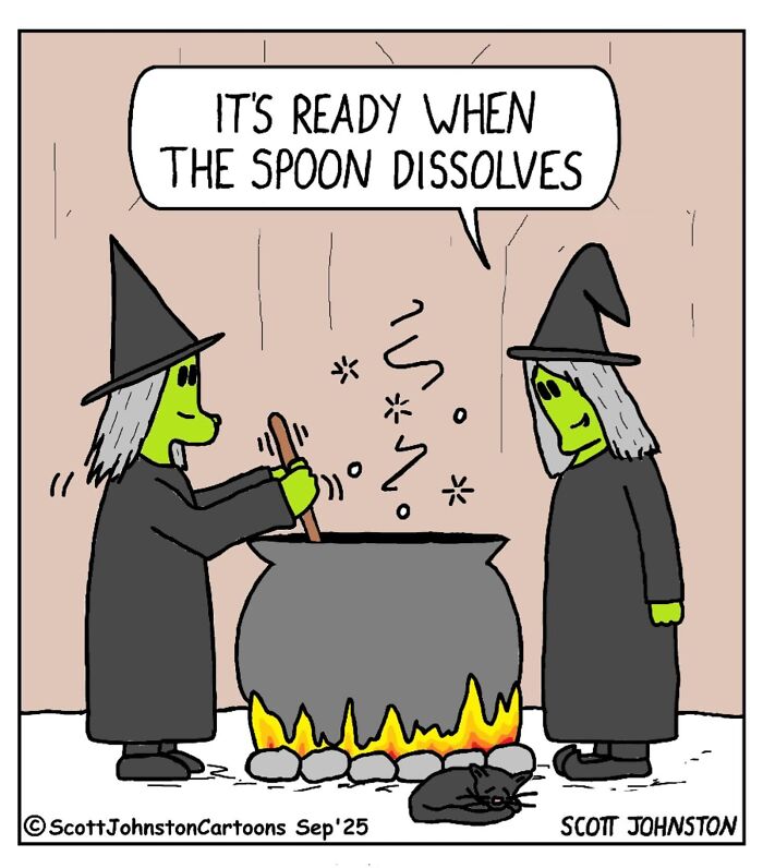 Two witches stirring a cauldron with one saying the spoon will dissolve in this funny cartoon.