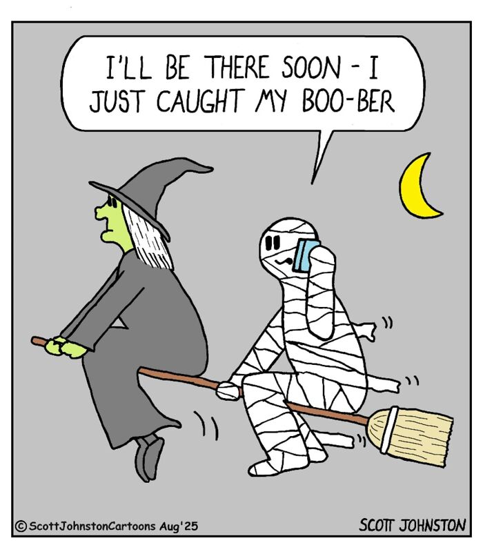 Funny cartoon of a witch and mummy on broomsticks, with the mummy saying it caught a boo-ber on a phone call.