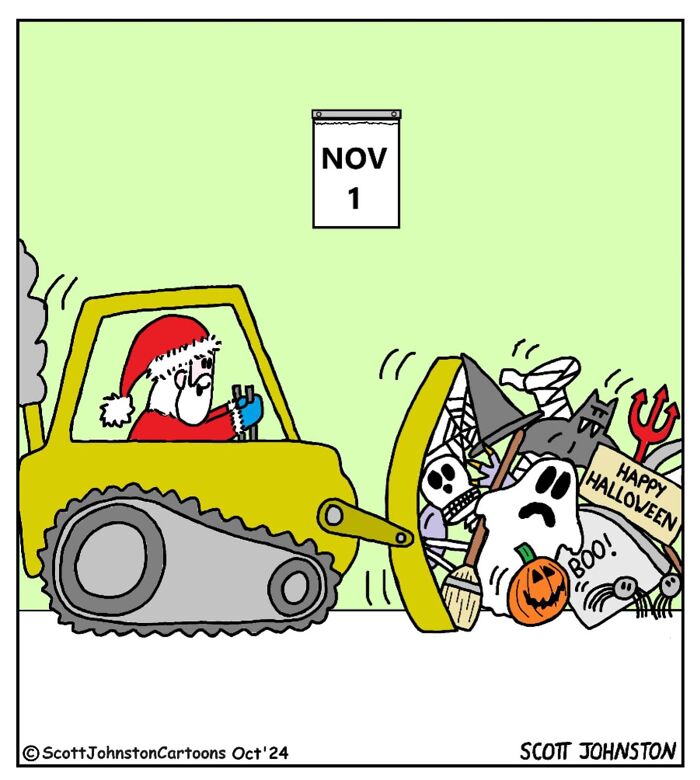 Santa driving a bulldozer clearing Halloween decorations on November 1 in a funny cartoon scene.