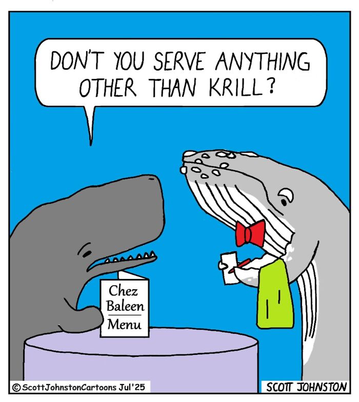 Cartoon of a shark asking a whale waiter if they serve anything other than krill at the restaurant.
