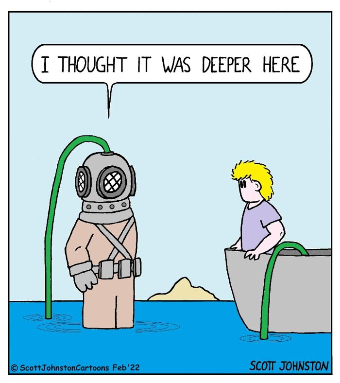 Cartoon of a diver in a suit standing in shallow water next to a boat with a person, funny cartoon illustration.