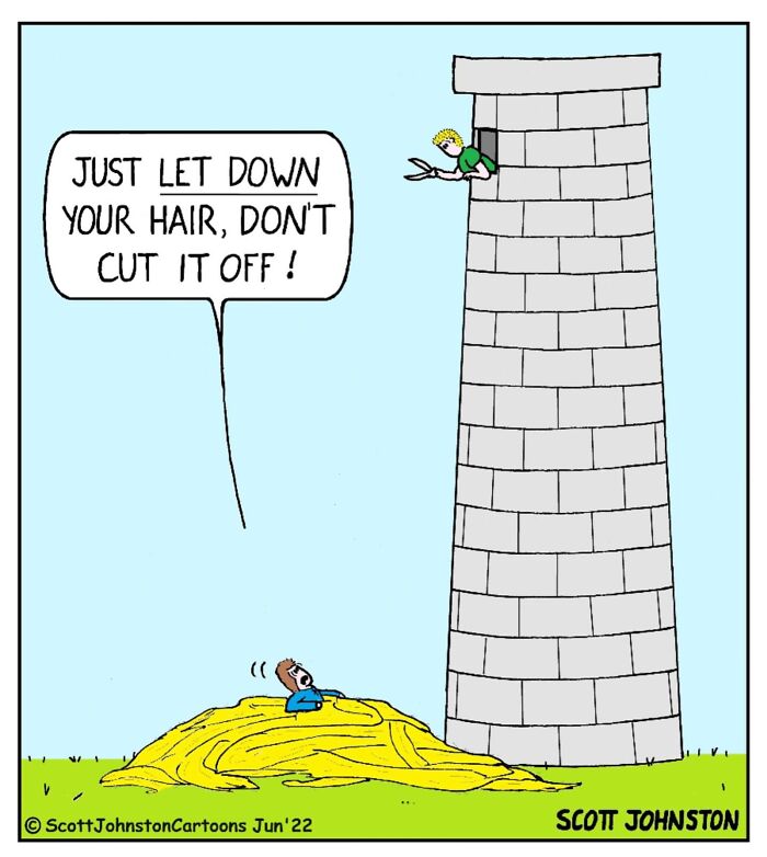 Funny cartoon showing a person trapped under long hair and another cutting hair from a tall tower window.