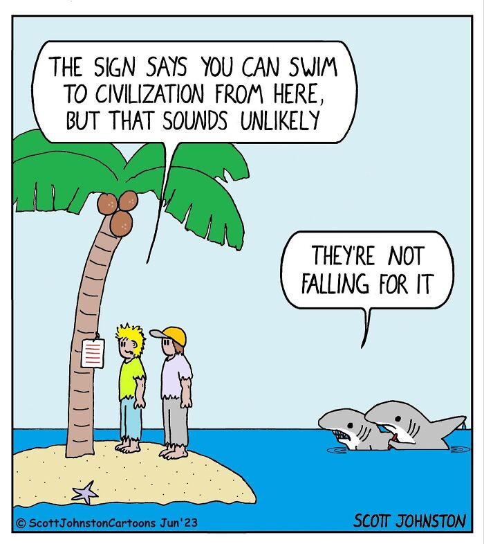 Two stranded men on island read sign by palm tree while sharks in water comment in a funny cartoon.