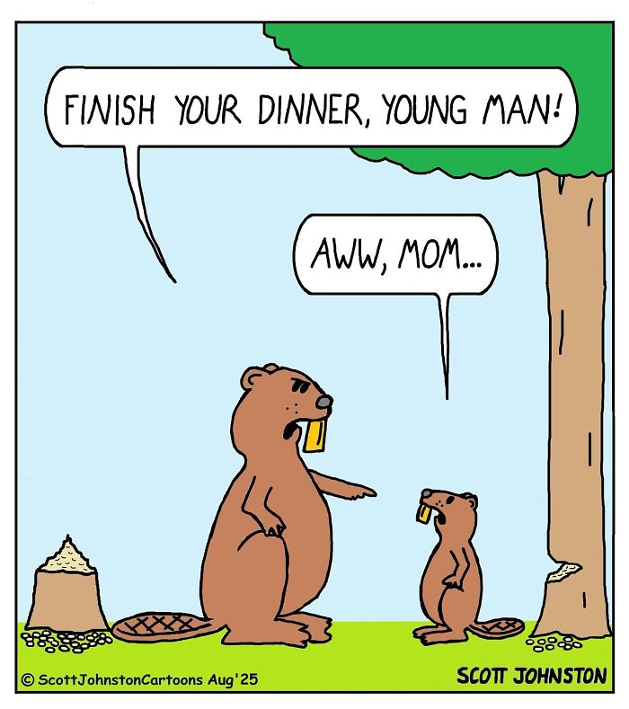 Cartoon beaver mom telling her young beaver to finish dinner in a funny cartoon that might brighten your day.