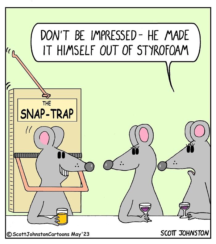 Funny cartoon showing a mouse trapped in a homemade snap-trap, humorously entertaining and brightening the day.