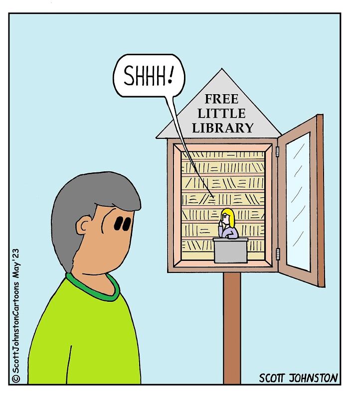 Cartoon of a man looking at a free little library with a tiny librarian saying shhh in a funny cartoon style.