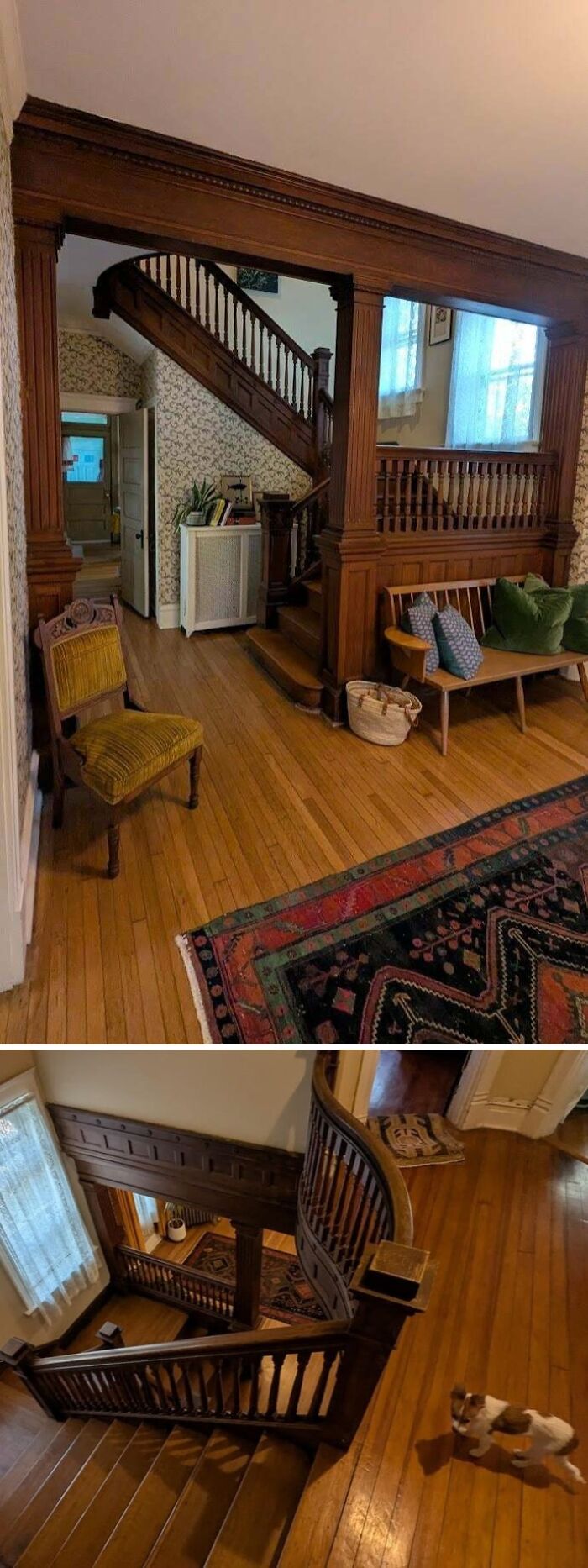 Beautiful old house interior with detailed wood craftsmanship, wooden staircase, and vintage furniture showcasing historic charm.