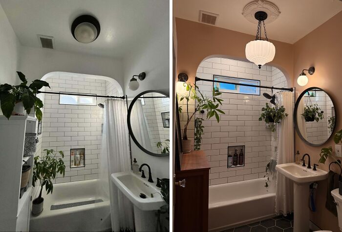 Bathroom renovation in a beautiful old house featuring vintage tile craftsmanship and classic fixtures with plants and warm lighting.