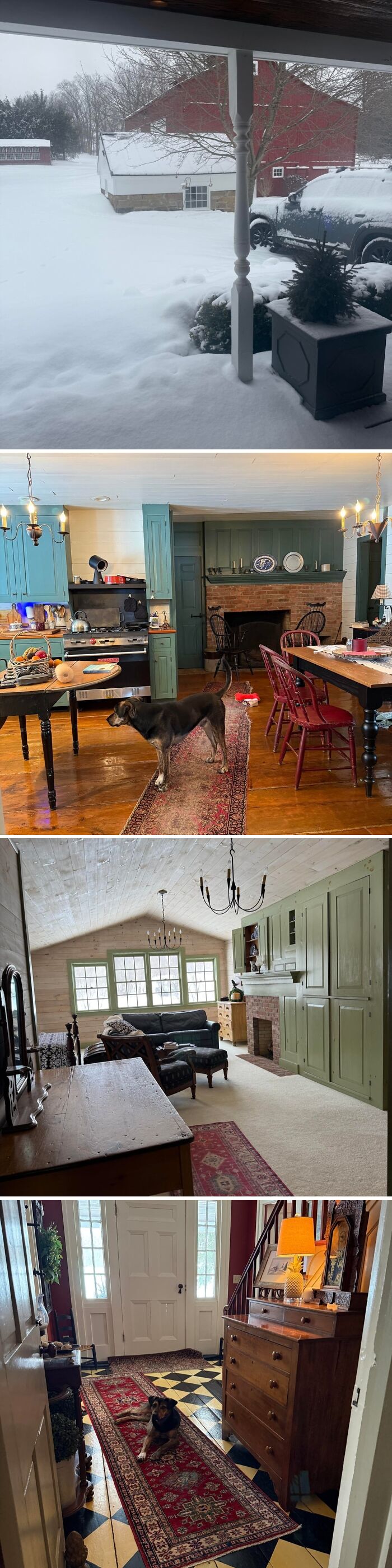 Snow-covered yard and old houses with vintage interiors showcasing craftsmanship, including wooden furniture, fireplaces, and decorative rugs.