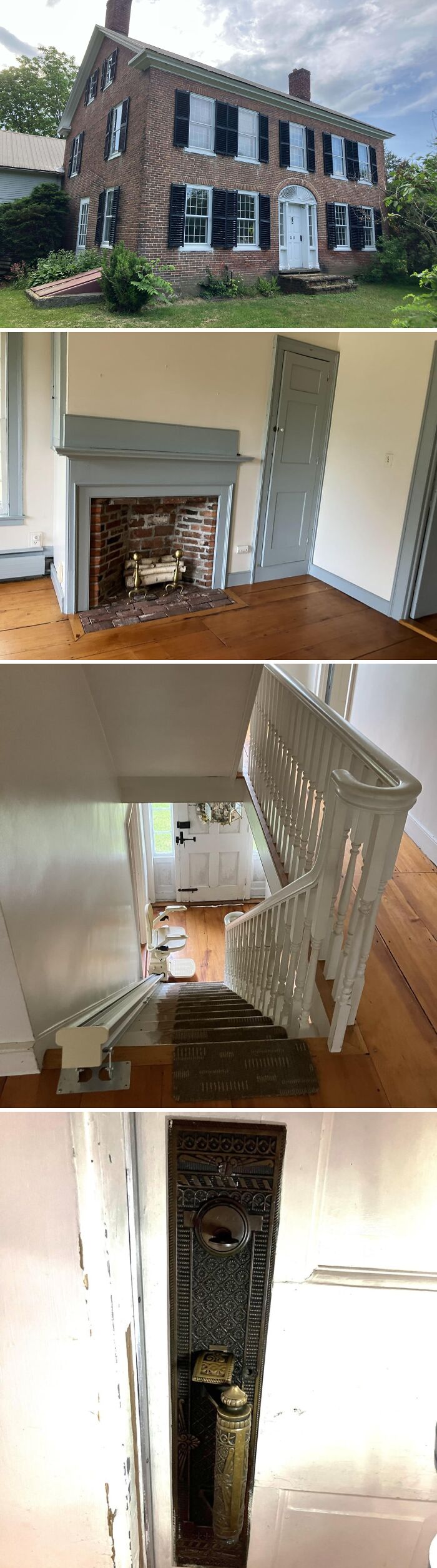 Beautiful old house exterior with classic brickwork, interior fireplace, wooden stairs, and vintage door hardware showing craftsmanship.
