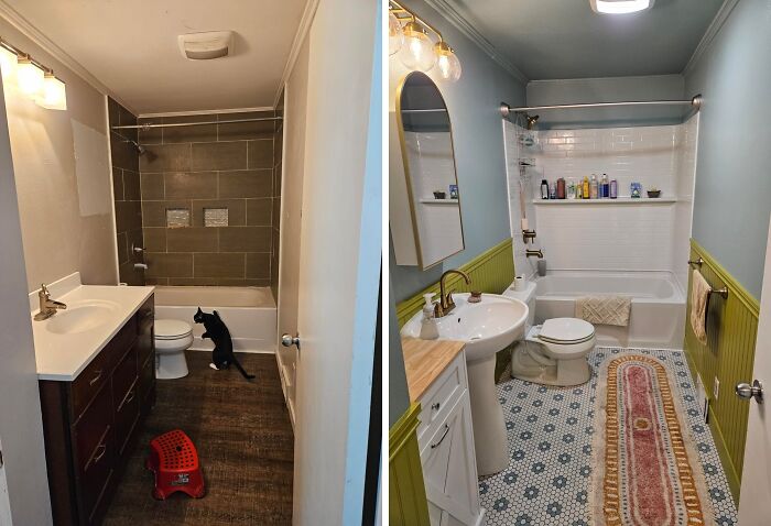 Before and after bathroom renovation in a beautiful old house showcasing craftsmanship and timeless design details.