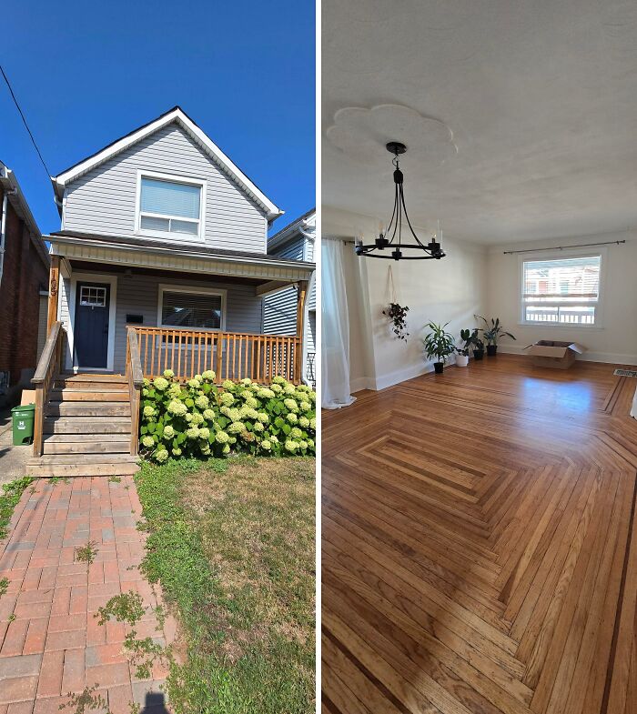 Beautiful old house exterior with wooden porch and detailed hardwood flooring inside, showcasing craftsmanship that stands the test of time.