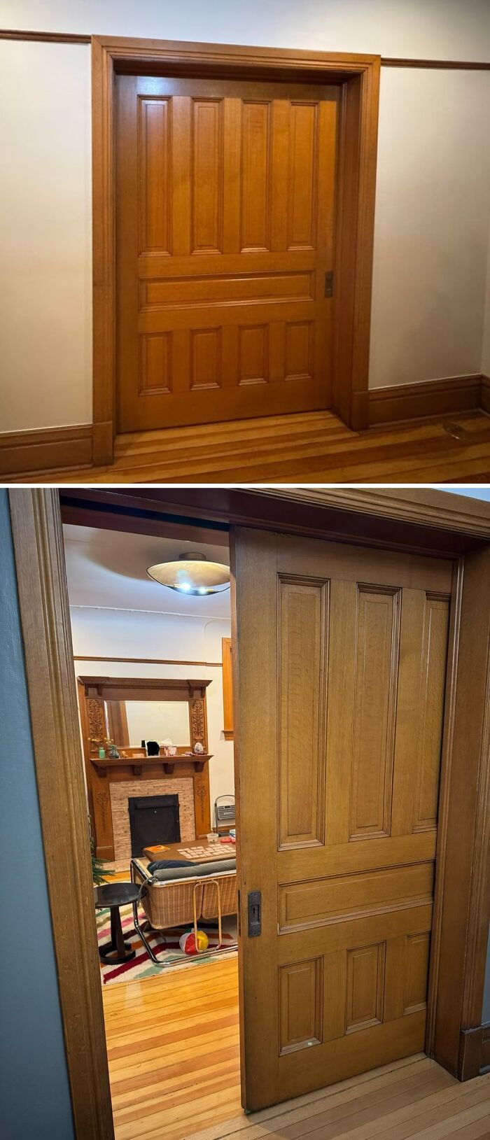 Beautiful old wooden sliding door in a historic house, showcasing craftsmanship and timeless architectural details.