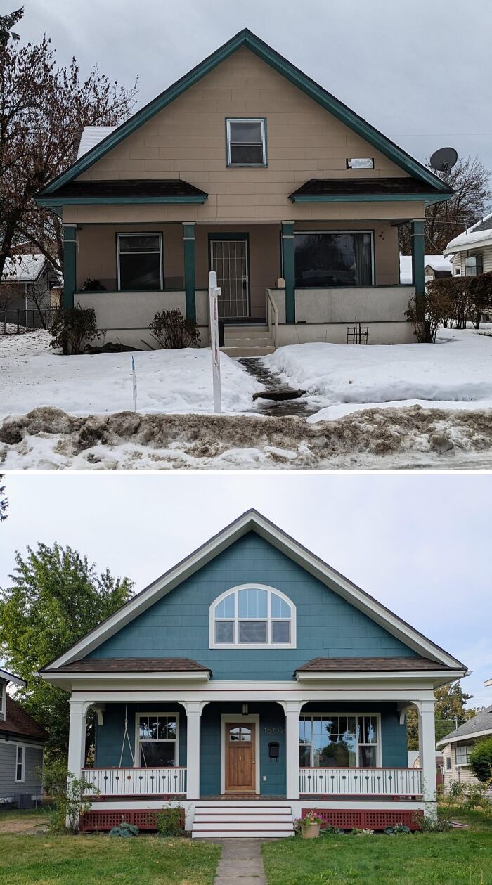 Beautiful old houses showing timeless craftsmanship with winter snow and lush green seasonal contrasts in two images.