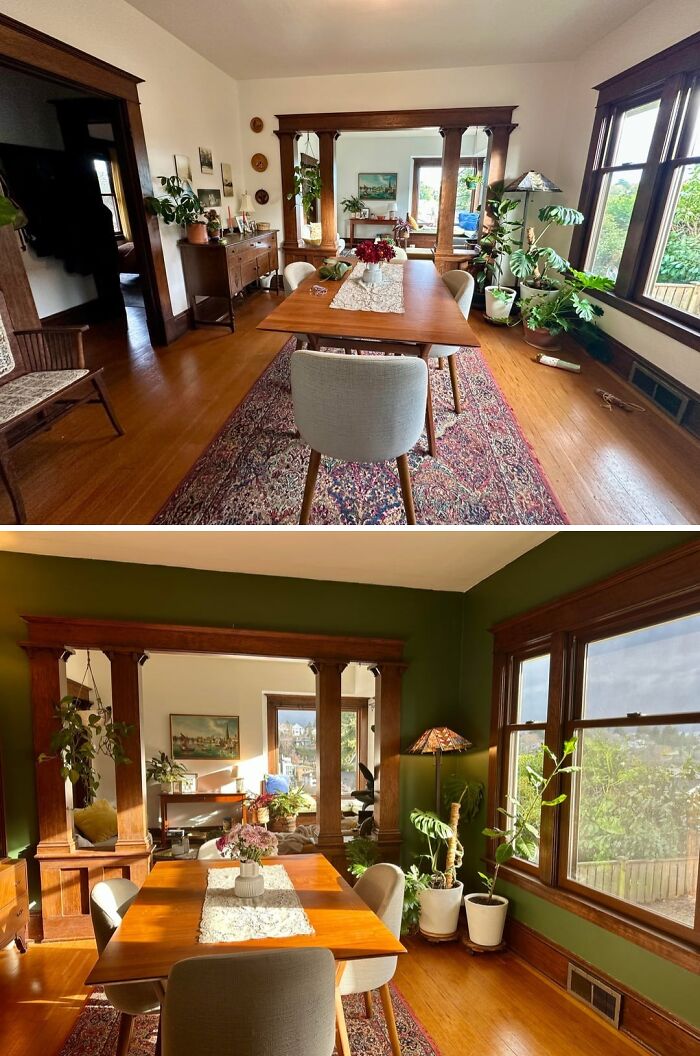 Cozy dining room in a beautiful old house showcasing craftsmanship with wooden trim, vintage furniture, and abundant natural light.