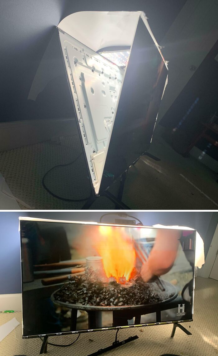 Homemade redneck engineer creation using a TV panel as a functional light source in a creative DIY setup.